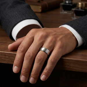 8mm Satin Finish High Polished Beveled Edge Carved Wedding Band in 18K White Gold, worn on hand, masculine full view