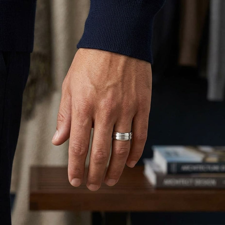 8mm Satin Finish High Polished Center Cut Carved Wedding Band in 18K White Gold, worn on hand, masculine full view