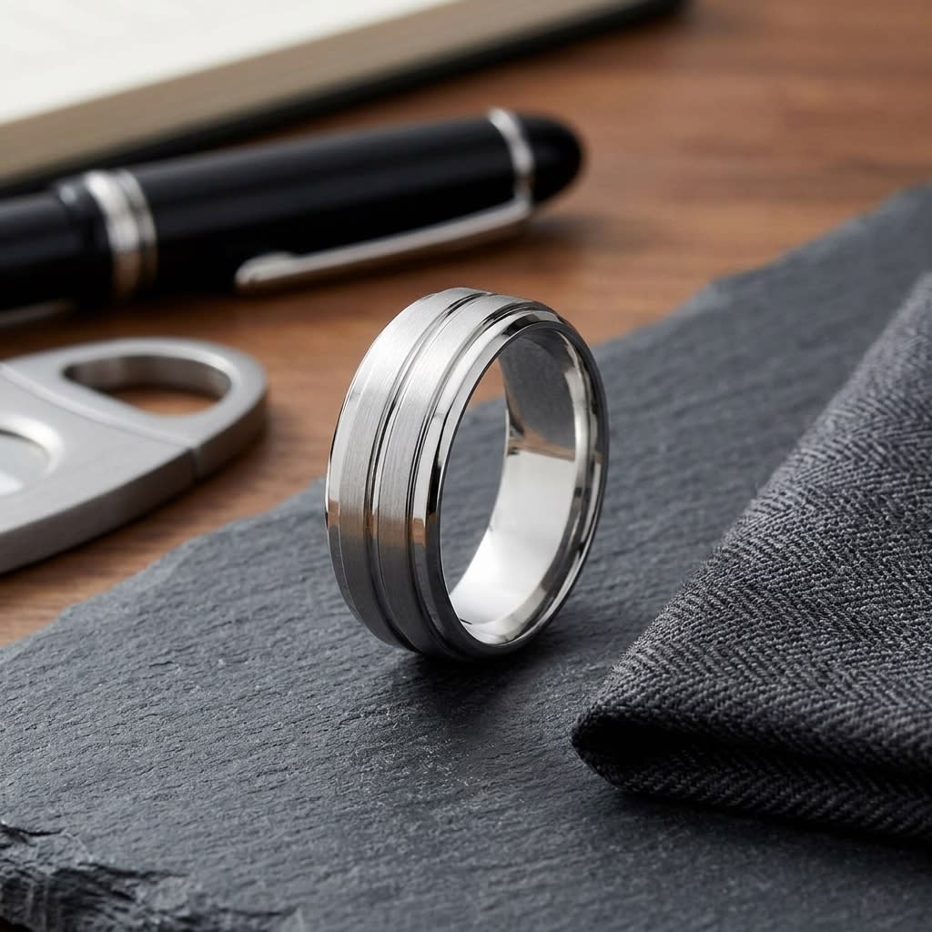 8mm Satin Finish High Polished Center Cut Carved Wedding Band in 18K White Gold, on walnut surface with pocket square