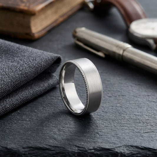 8mm Satin Finish Carved Wedding Band in 18K White Gold, on walnut surface with pocket square
