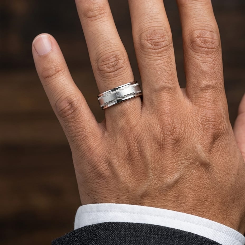 7mm Round Edge Swirl Finish Carved Wedding Band in 18K White Gold, worn on hand, masculine close-up