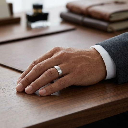 6.5mm Drop Edge High Polish Carved Wedding Band in 18K White Gold, worn on hand, masculine full view
