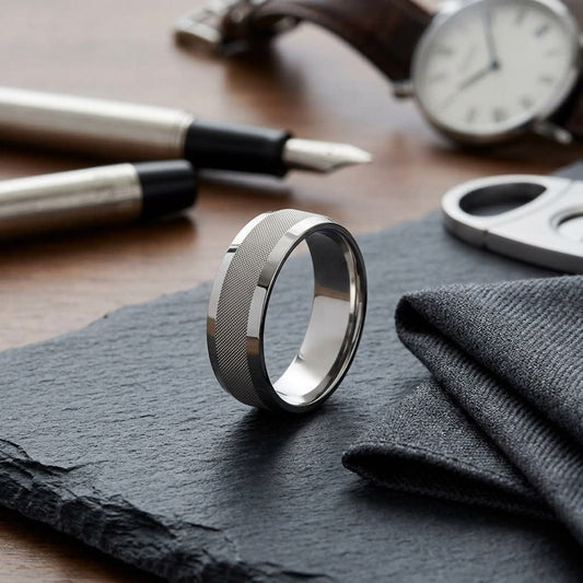 7mm High Polish Cross Hatch Center Carved Wedding Band in 18K White Gold, on walnut surface with pocket square