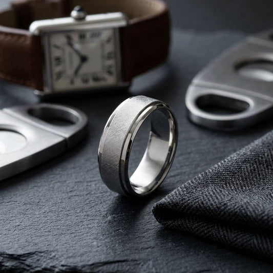 7mm Round Edge Swirl Finish Carved Wedding Band in 18K White Gold, on walnut surface with pocket square