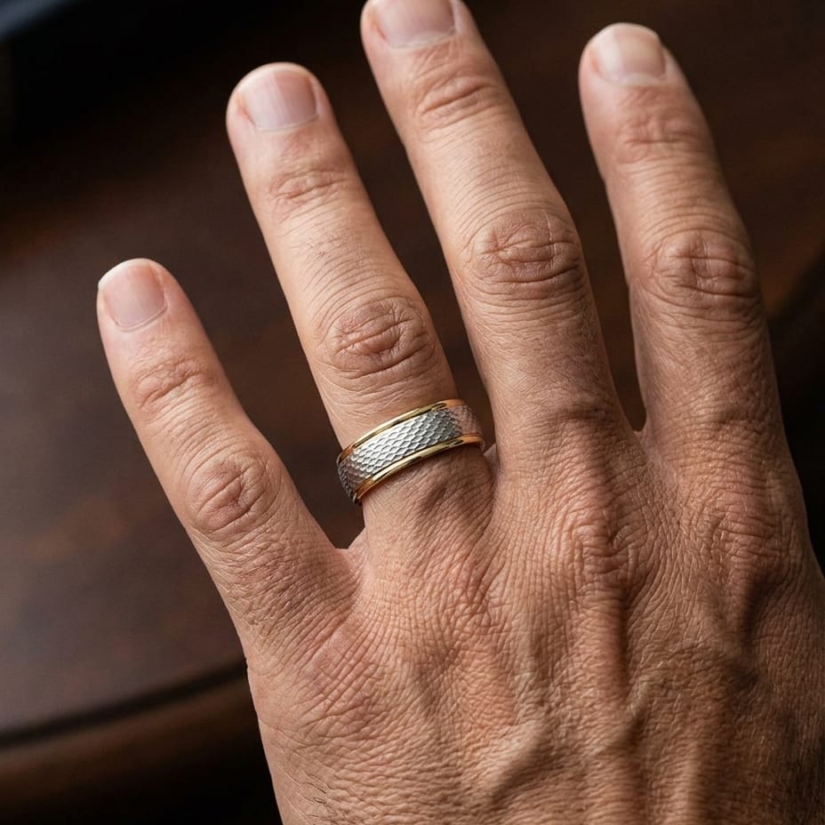 7.5mm Round Edge Mesh Center Carved Wedding Band in 18K White Gold, worn on hand, masculine close-up