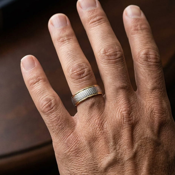 7.5mm Round Edge Mesh Center Carved Wedding Band in 18K White Gold, worn on hand, masculine close-up