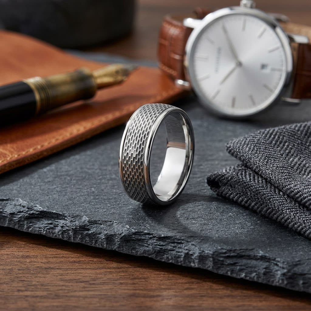7.5mm Round Edge Mesh Center Carved Wedding Band in 18K White Gold, on walnut surface with pocket square