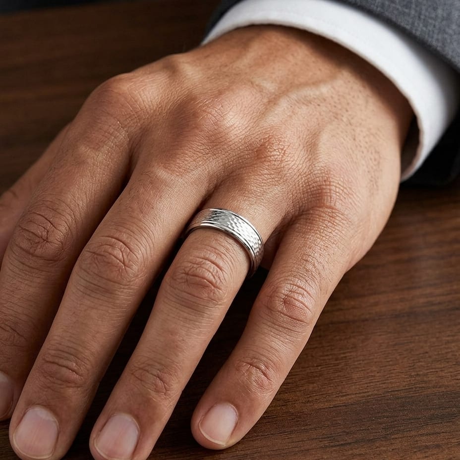 4.5mm Round Edge Mesh Center Carved Wedding Band in 18K White Gold, worn on hand, masculine close-up
