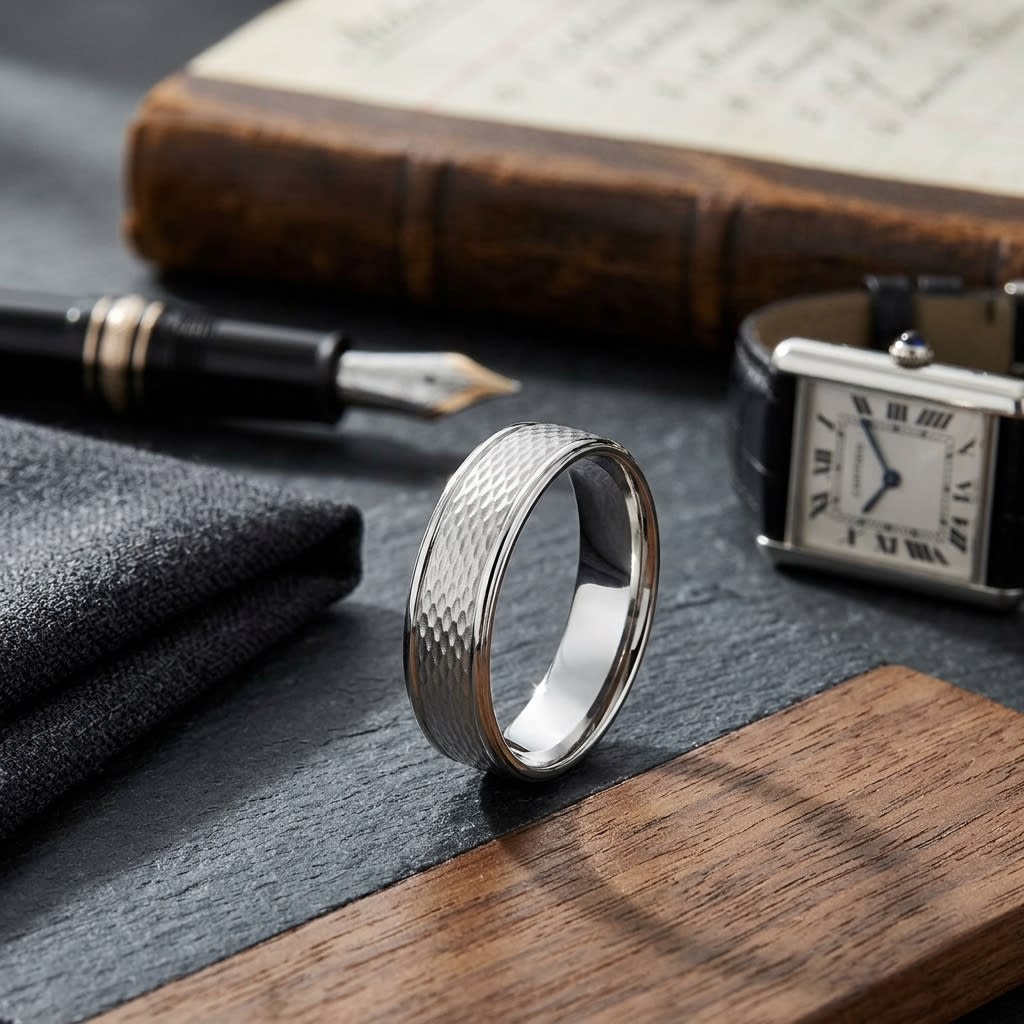 4.5mm Round Edge Mesh Center Carved Wedding Band in 18K White Gold, on walnut surface with pocket square