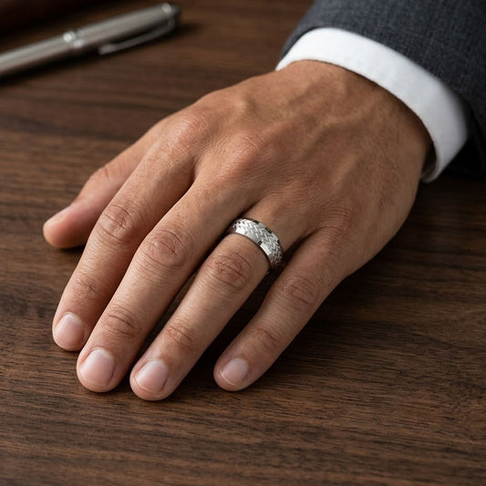 8mm Beveled Edge Treaded Carved Wedding Band in 18K White Gold, worn on hand, masculine full view