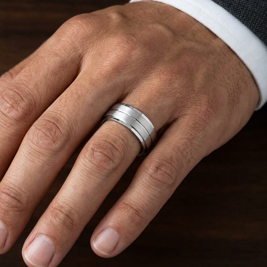 8mm Satin Finish Carved Wedding Band in 18K White Gold, worn on hand, masculine close-up
