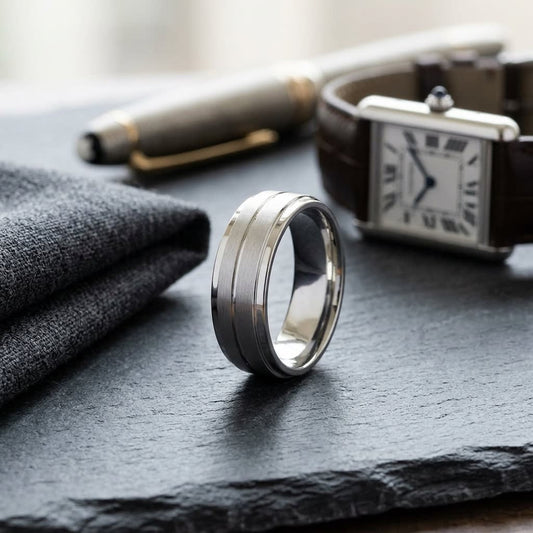 8mm Satin Finish Carved Wedding Band in 18K White Gold, on walnut surface with pocket square
