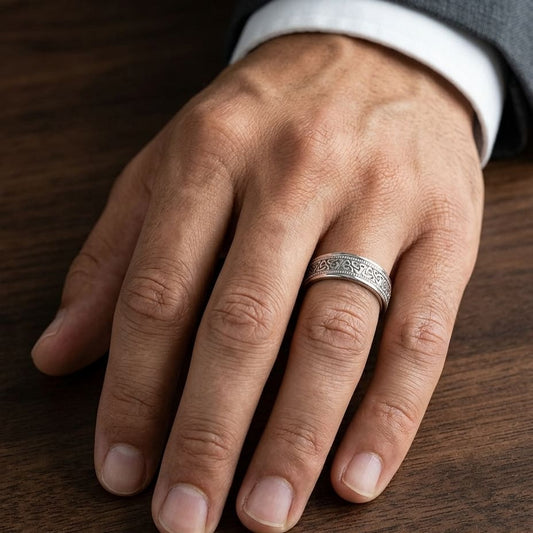 6mm Celtic Knot Carved Wedding Band in 18K White Gold, worn on hand, masculine close-up