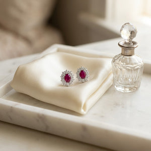 Ruby Oval Prong Halo Earrings 2ctw in 18K White Gold - lifestyle