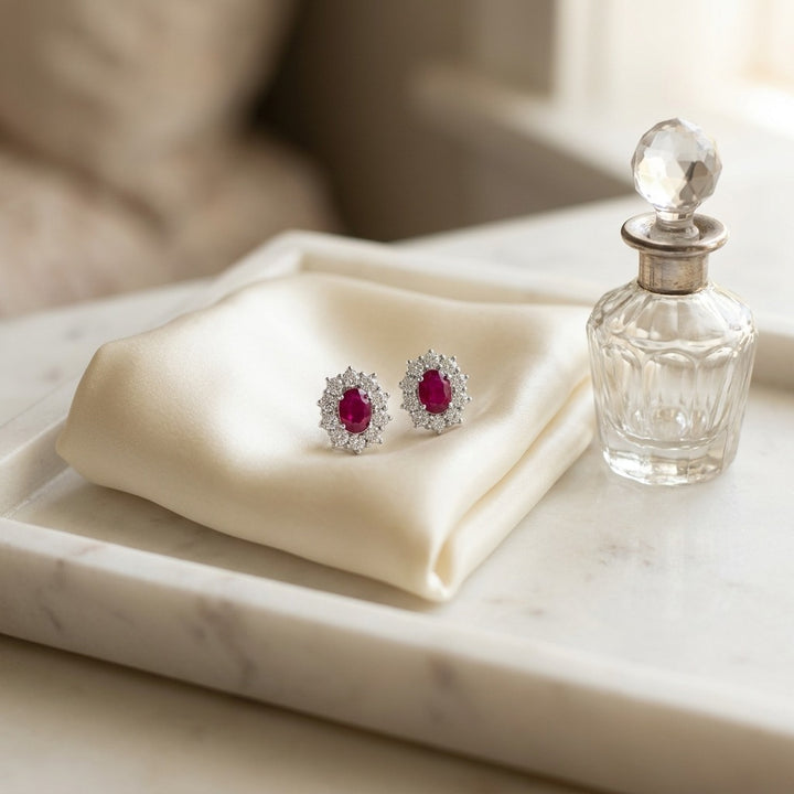 Ruby Oval Prong Halo Earrings 2ctw in 18K White Gold - lifestyle