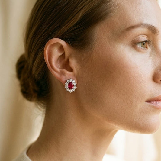 Ruby Oval Prong Halo Earrings 2ctw in 18K White Gold - editorial