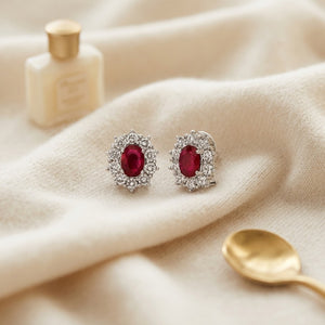 Ruby Oval Prong Halo Earrings 2ctw in 18K White Gold - flat lay