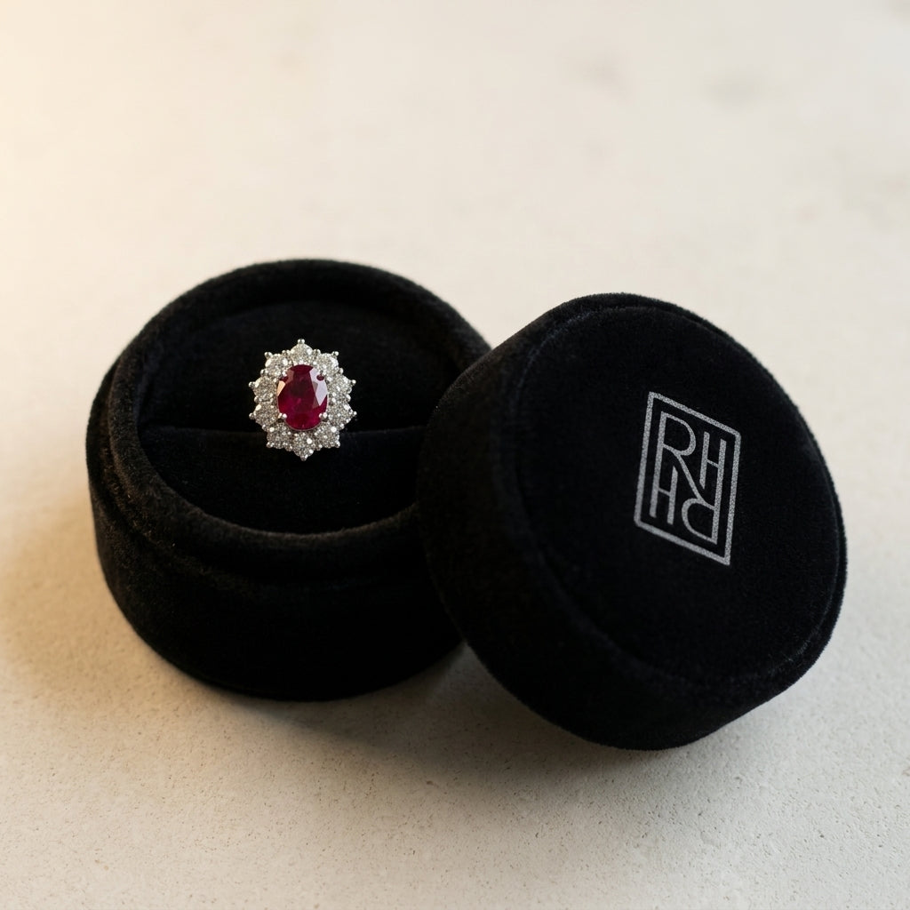 Ruby Oval Prong Halo Earrings 2ctw in 18K White Gold - presentation