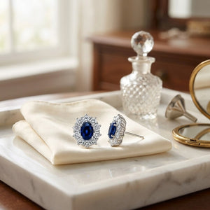 Sapphire & Diamond Princess Di Earrings in 18K White Gold - lifestyle