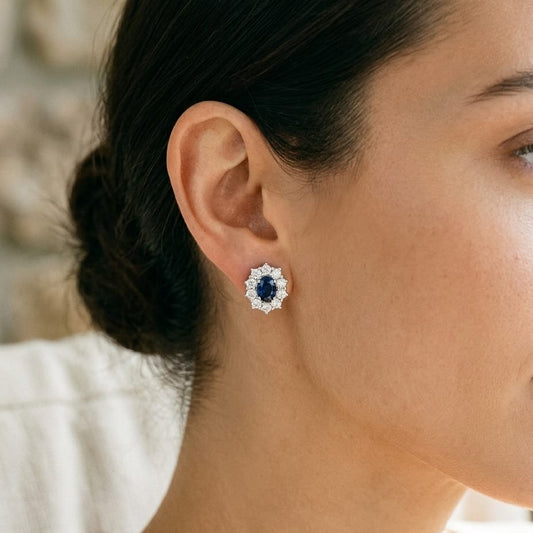 Sapphire & Diamond Princess Di Earrings in 18K White Gold - editorial