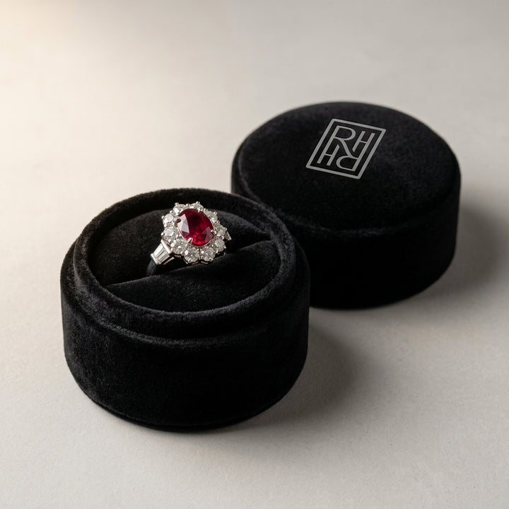 Ruby Oval & Diamond Flower Ring in 18K White Gold - presentation