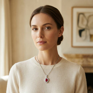 Pink Tourmaline & Diamond Oval Halo Pendant with Tapered Channel Bail in 18K White Gold - editorial