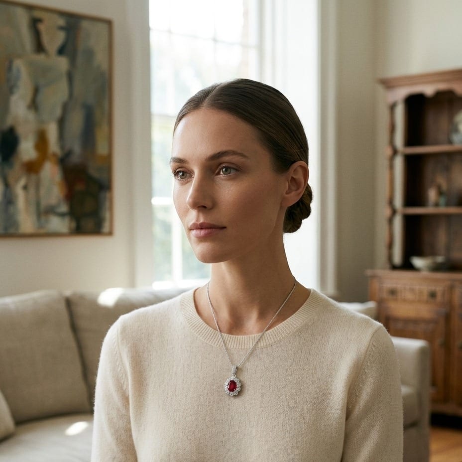 Pink Tourmaline & Diamond Oval Halo Pendant with Tapered Channel Bail in 18K White Gold - on model