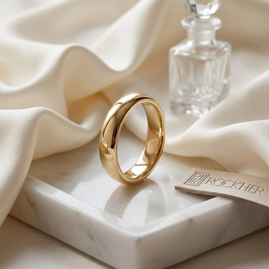 4mm Slightly Domed Traditional Oval Wedding Band in 18K Yellow Gold, on marble vanity tray with silk