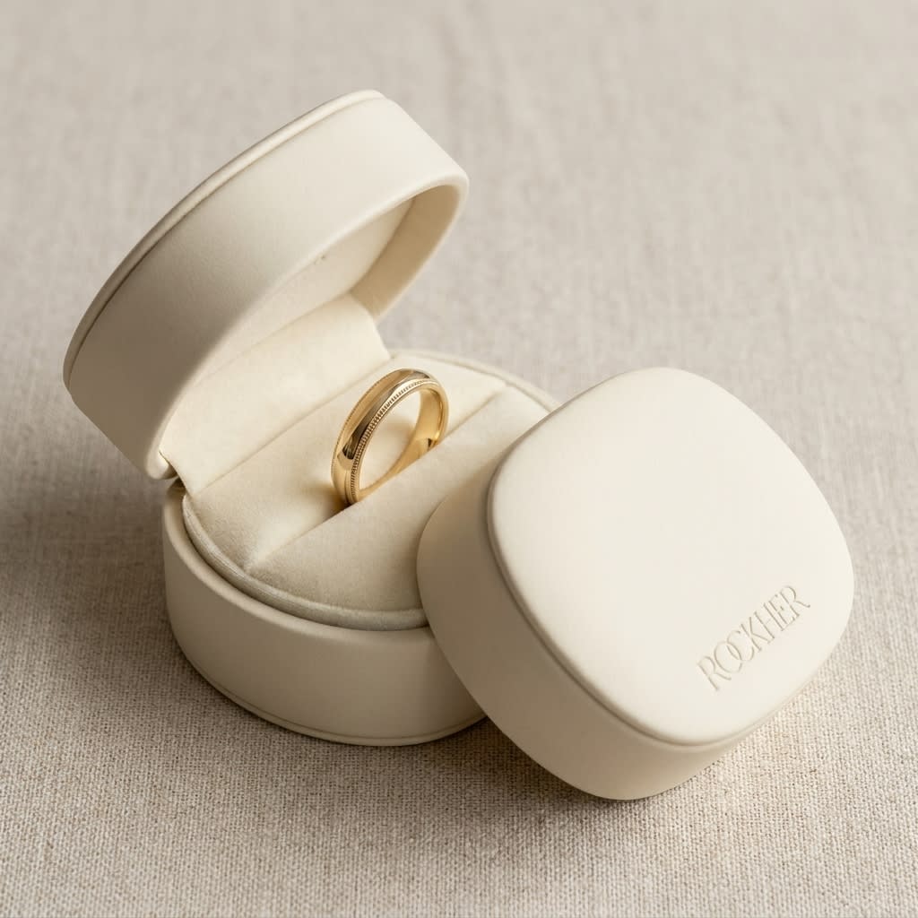 4mm Slightly Domed Traditional Oval Milgrain Wedding Band in 18K Yellow Gold, in navy velvet jewelry box