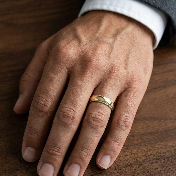 5mm Slightly Domed Traditional Oval Milgrain Wedding Band in 18K Yellow Gold, worn on hand, masculine close-up