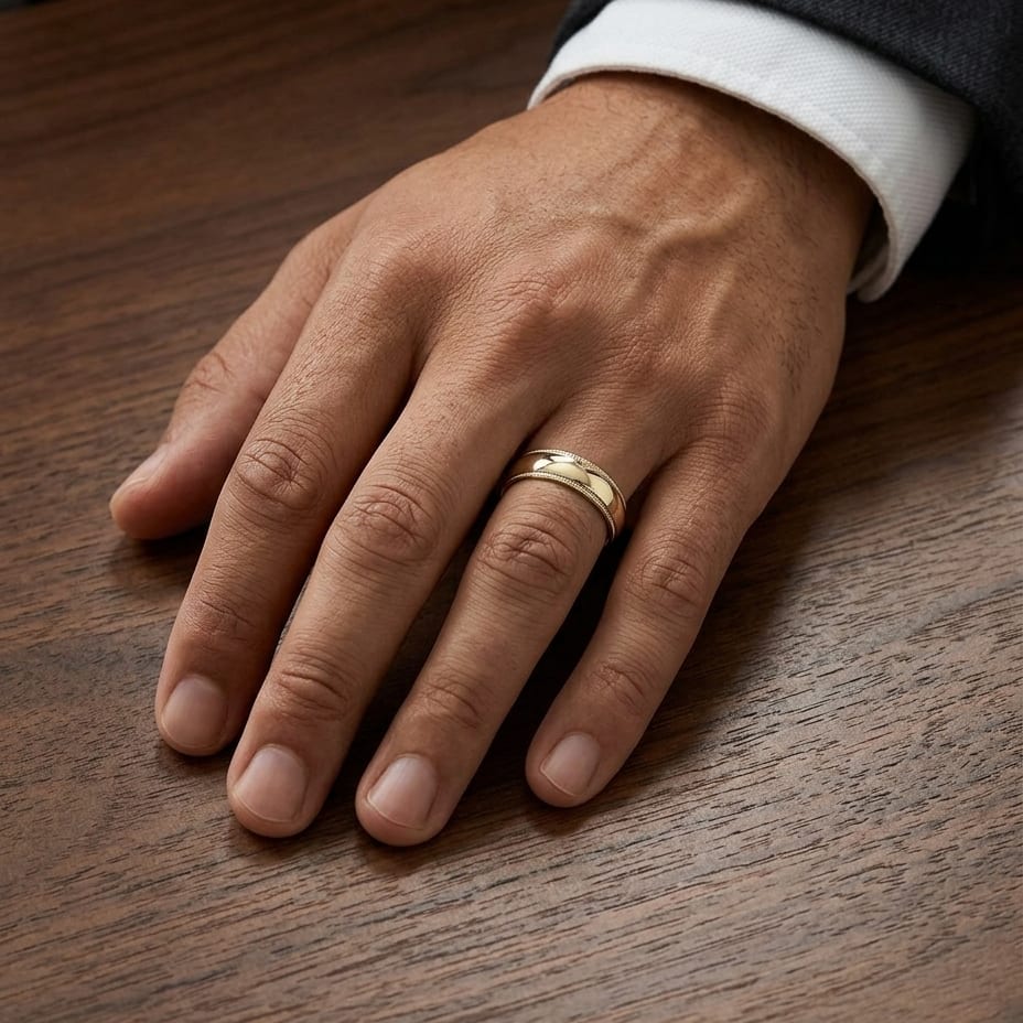 5mm Slightly Domed Traditional Oval Milgrain Wedding Band in 18K Yellow Gold, worn on hand, masculine full view