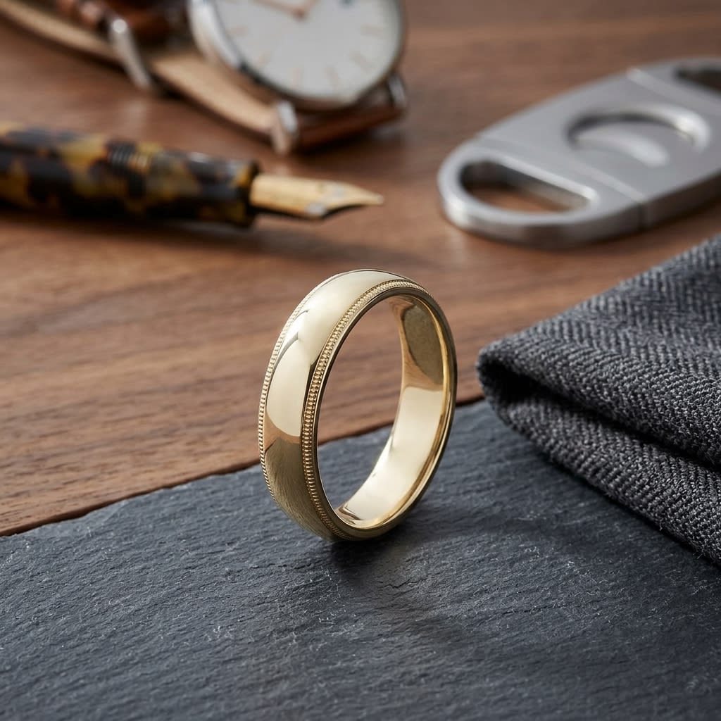 5mm Slightly Domed Traditional Oval Milgrain Wedding Band in 18K Yellow Gold, on walnut surface with pocket square