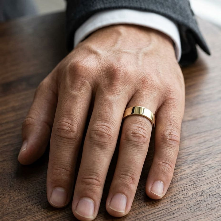 6mm Flat Comfort-Fit Wedding Band in 18K Yellow Gold, worn on hand, masculine close-up