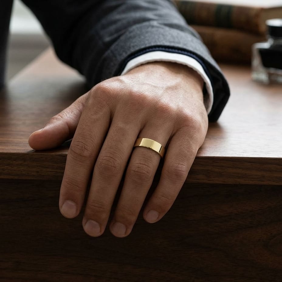 6mm Flat Comfort-Fit Wedding Band in 18K Yellow Gold, worn on hand, masculine full view