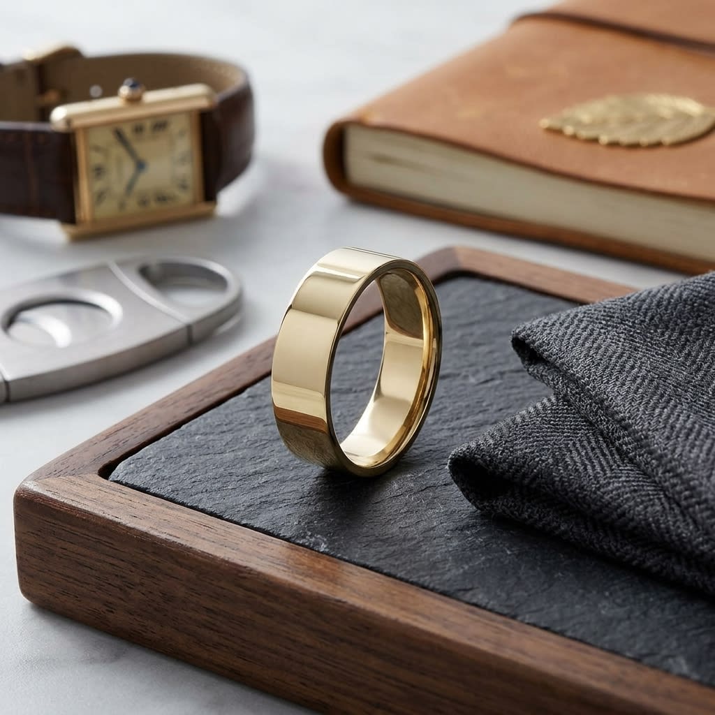 6mm Flat Comfort-Fit Wedding Band in 18K Yellow Gold, on walnut surface with pocket square
