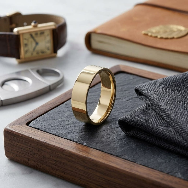 6mm Flat Comfort-Fit Wedding Band in 18K Yellow Gold, on walnut surface with pocket square