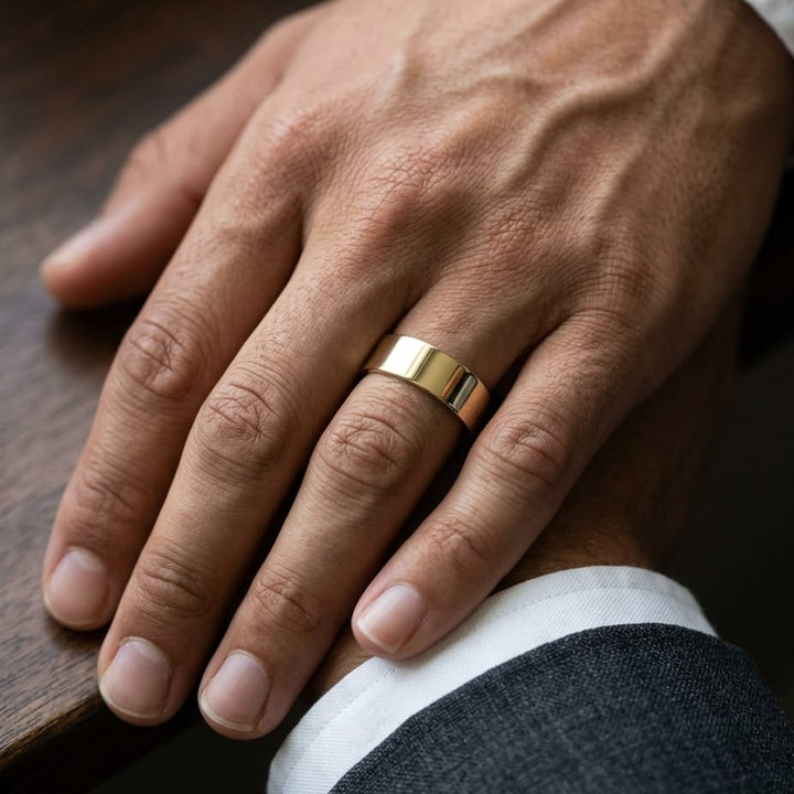 8mm Flat Comfort-Fit Wedding Band in 18K Yellow Gold, worn on hand, masculine close-up