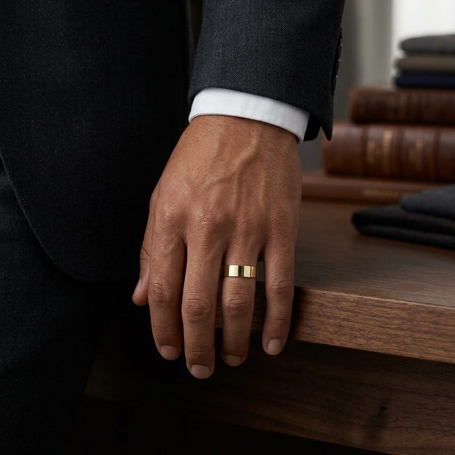 8mm Flat Comfort-Fit Wedding Band in 18K Yellow Gold, worn on hand, masculine full view