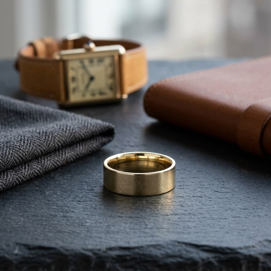 8mm Flat Comfort-Fit Wedding Band in 18K Yellow Gold, on walnut surface with pocket square