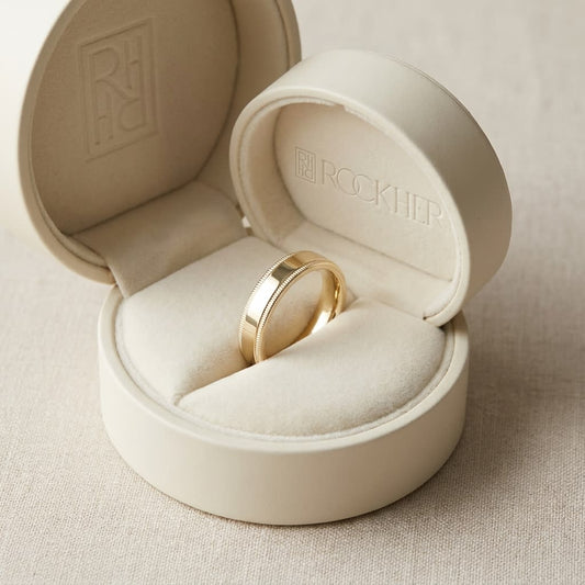 4mm Flat Milgrain Comfort-Fit Wedding Band in 18K Yellow Gold, in navy velvet jewelry box