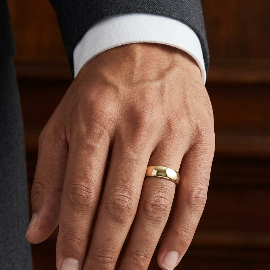 6.5mm Deluxe Comfort-Fit Wedding Band in 18K Yellow Gold, worn on hand, masculine close-up