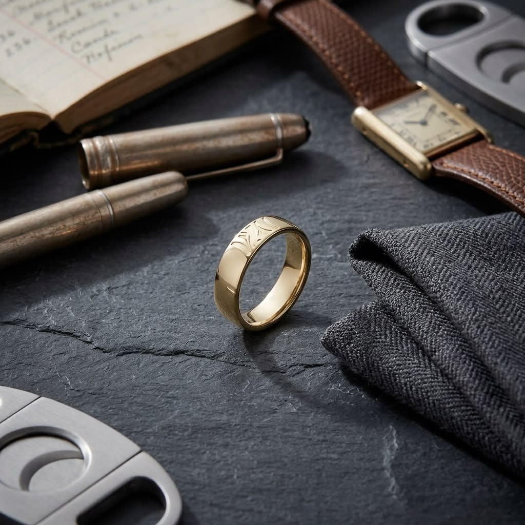 6.5mm Deluxe Comfort-Fit Wedding Band in 18K Yellow Gold, on walnut surface with pocket square