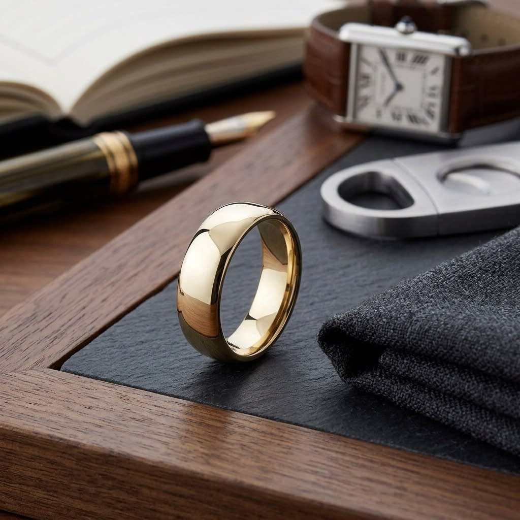 7.5mm Comfort-Fit Wedding Band in 18K Yellow Gold, on walnut surface with pocket square