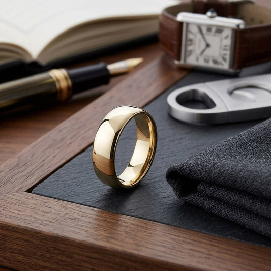 7.5mm Comfort-Fit Wedding Band in 18K Yellow Gold, on walnut surface with pocket square