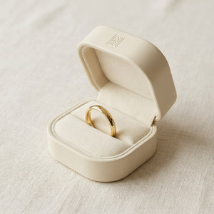 3mm High Dome Comfort-Fit Wedding Band in 18K Yellow Gold, in navy velvet jewelry box