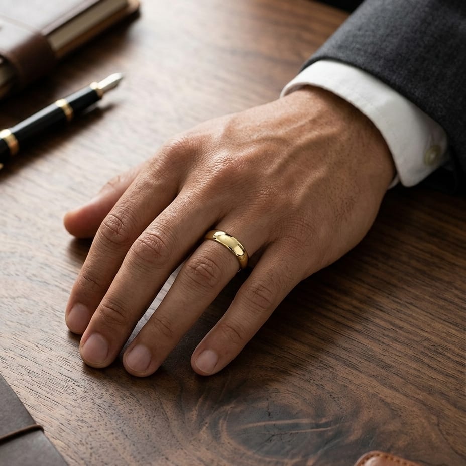 6mm High Dome Comfort-Fit Wedding Band in 18K Yellow Gold, worn on hand, masculine full view