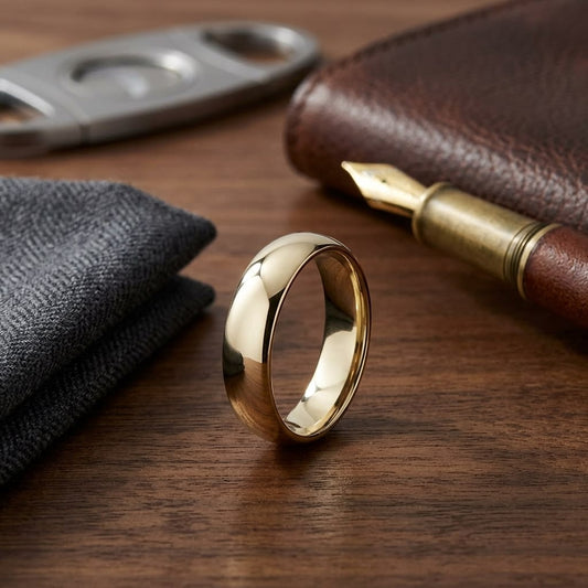 6mm High Dome Comfort-Fit Wedding Band in 18K Yellow Gold, on walnut surface with pocket square