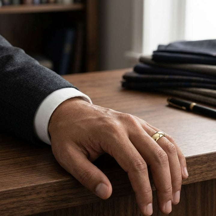 7mm High Dome Comfort-Fit Wedding Band in 18K Yellow Gold, worn on hand, masculine full view