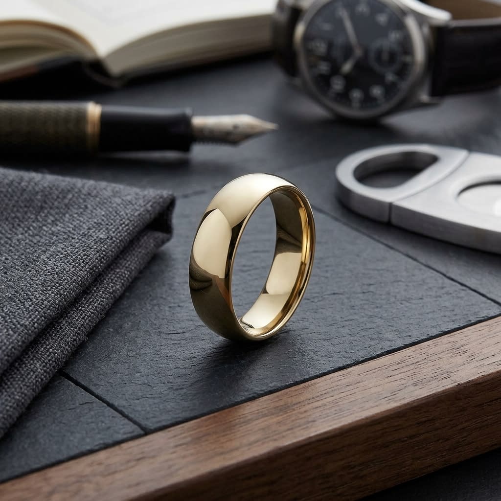7mm High Dome Comfort-Fit Wedding Band in 18K Yellow Gold, on walnut surface with pocket square