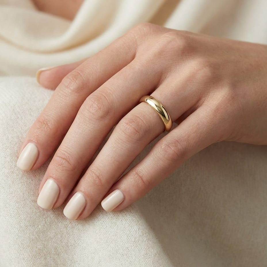 3mm Slightly Domed Comfort-Fit Wedding Band in 18K Yellow Gold, worn on hand, close-up
